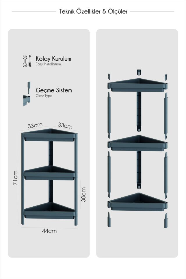 OMAŞ 3 Katlı Üçgen Raf Ünitesi – Köşe Alanlar İçin Şık ve Pratik Düzenleyici Köşe Banyo Rafı