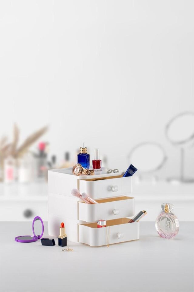 3 Katlı Çekmeceli Masaüstü Organizer – Makyaj, Takı ve Aksesuar Düzenleyici