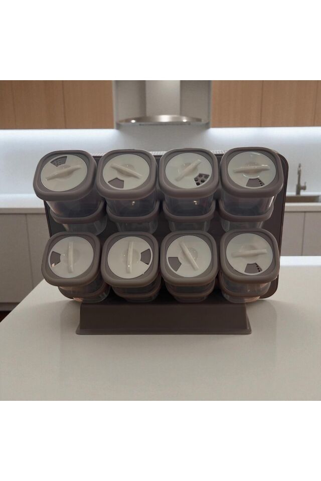 Stantlı Tezgah Üstü Kapaklı 8’li Baharat Takımı Yapışkanlı Duvara MonteEdilebilir Tasarım Kahve Renk