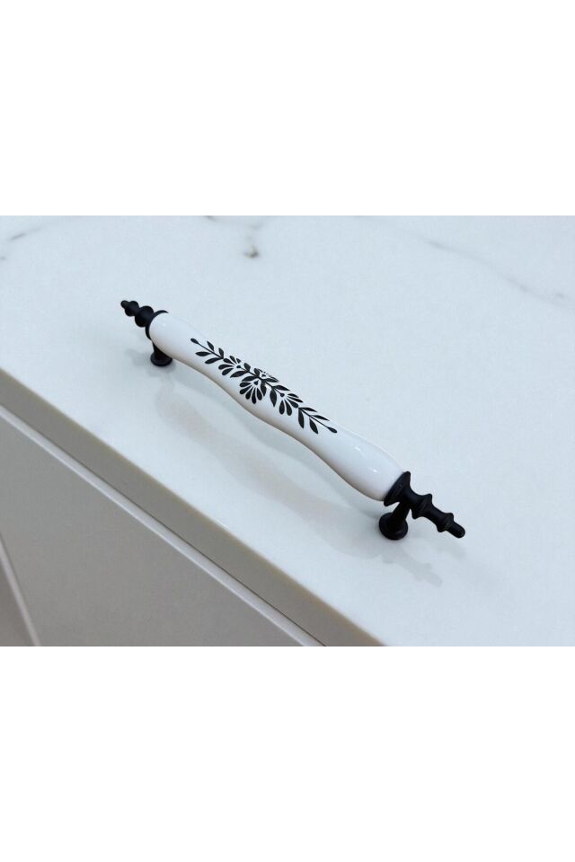 Orijinal Porselen Kulp Siyah Yapraklı Floral Desenli 128mm(12.8cm) Mobilya Kapak Çekmece Kulbu