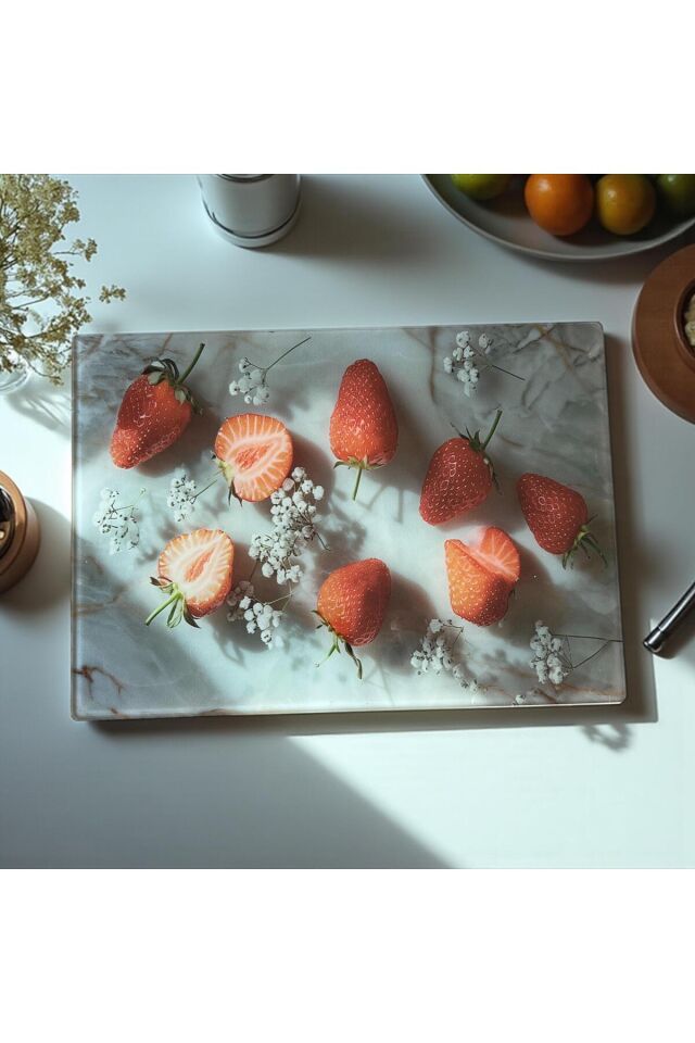Temperli Cam Sebze Meyve Doğrama Dikdörtgen Kesme Tahtası, Kenarları Oval, Antibakteriyal 25X35CM
