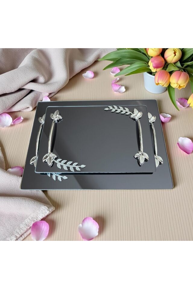 2 ‘li Söz veya Nişan Yüzük,Kahve Servisi için Altın-Gümüş Yapraklı.Kare-Altıgen Şeklinde Cam Tepsi