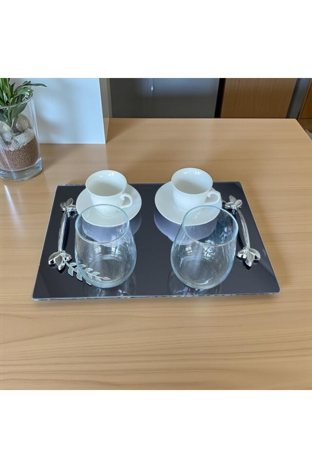 2 ‘li Söz veya Nişan Yüzük,Kahve Servisi için Altın-Gümüş Yapraklı.Kare-Altıgen Şeklinde Cam Tepsi