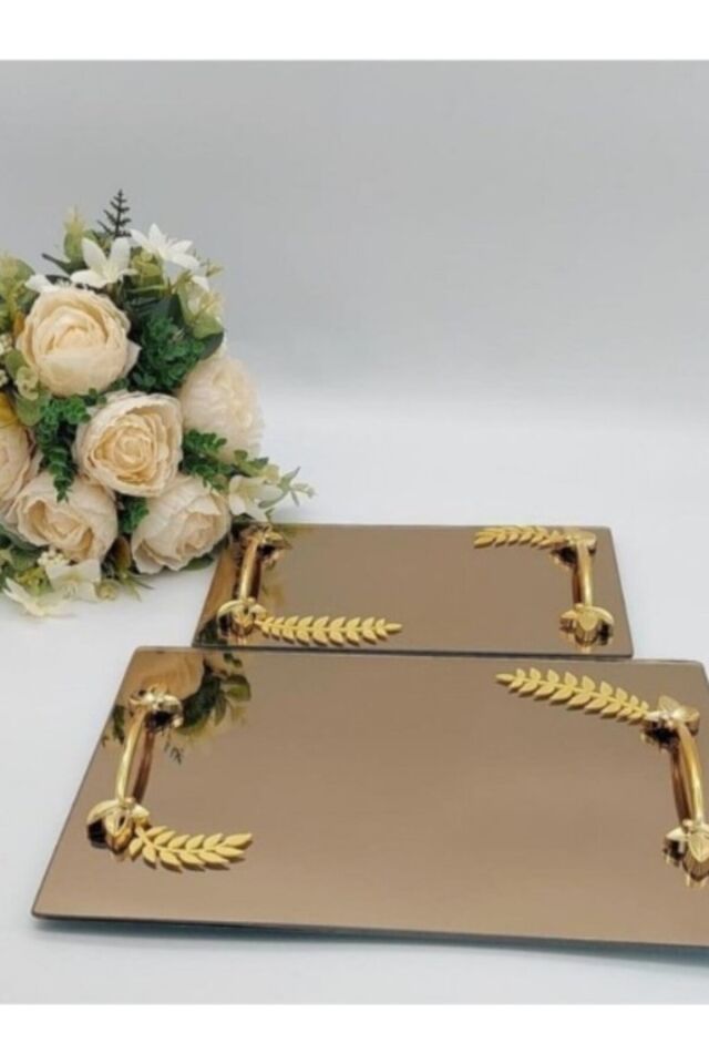 2 ‘li Söz veya Nişan Yüzük,Kahve Servisi için Altın-Gümüş Yapraklı.Kare-Altıgen Şeklinde Cam Tepsi