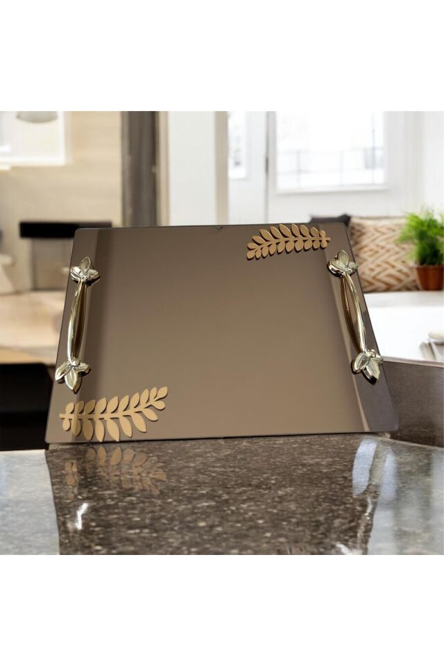 2 ‘li Söz veya Nişan Yüzük,Kahve Servisi için Altın-Gümüş Yapraklı.Kare-Altıgen Şeklinde Cam Tepsi