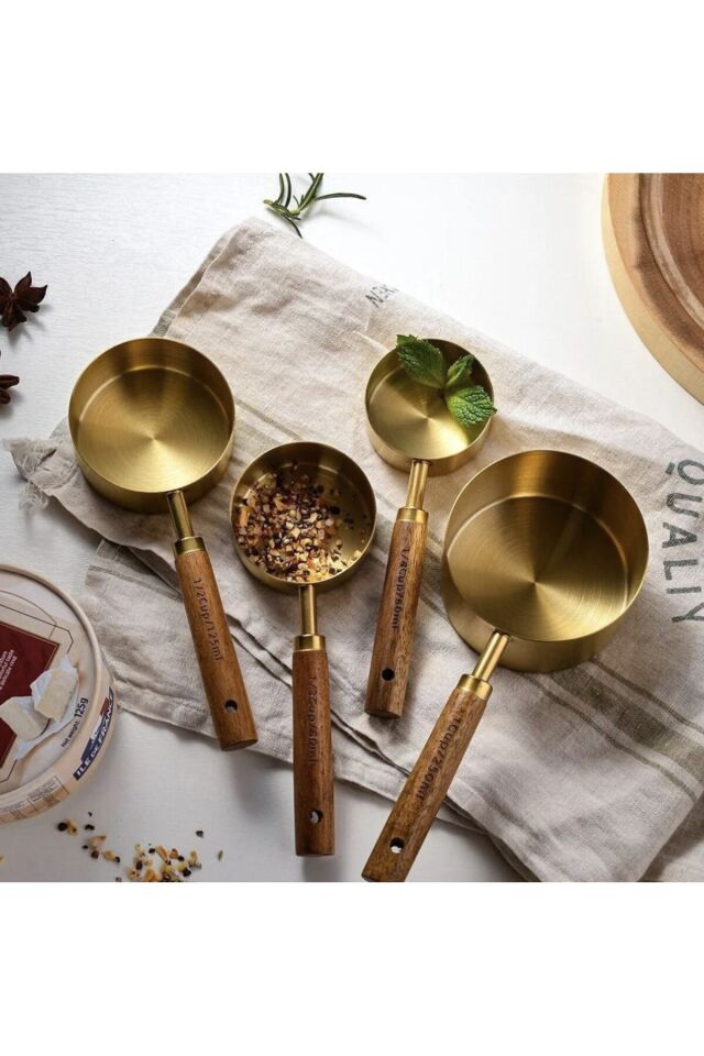4'lü Çelik Otantik Ahşap Saplı Ölçü Kaşığı Seti Ölçü Kabı Gold Renk 60ml 80ml 125ml 250ml