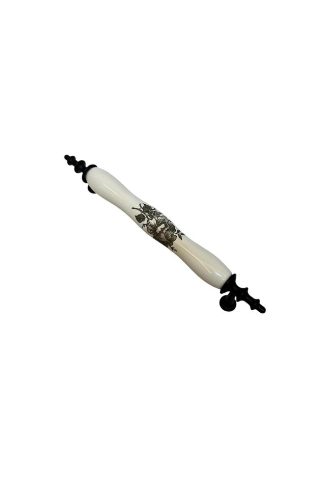 Porselen Kulp Siyah Gül Desenli 128mm(12.8cm) Ayakları Siyah Mobilya Çekmece Kapak Kulbu