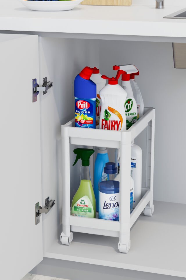 Maja Beyaz 2 Katllı Tekerlekli Banyo Rafı Mutfak Dolabı Düzenleyici Tezgah Altı Organizer