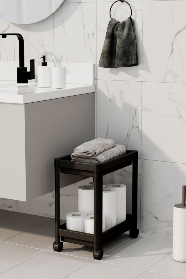 Maja 2 Katlı Tekerlekli Düzenleyici Raf Siyah, Banyo Dolabı, Mutfak Tezgah Ve Evye Altı, Deterjanlık