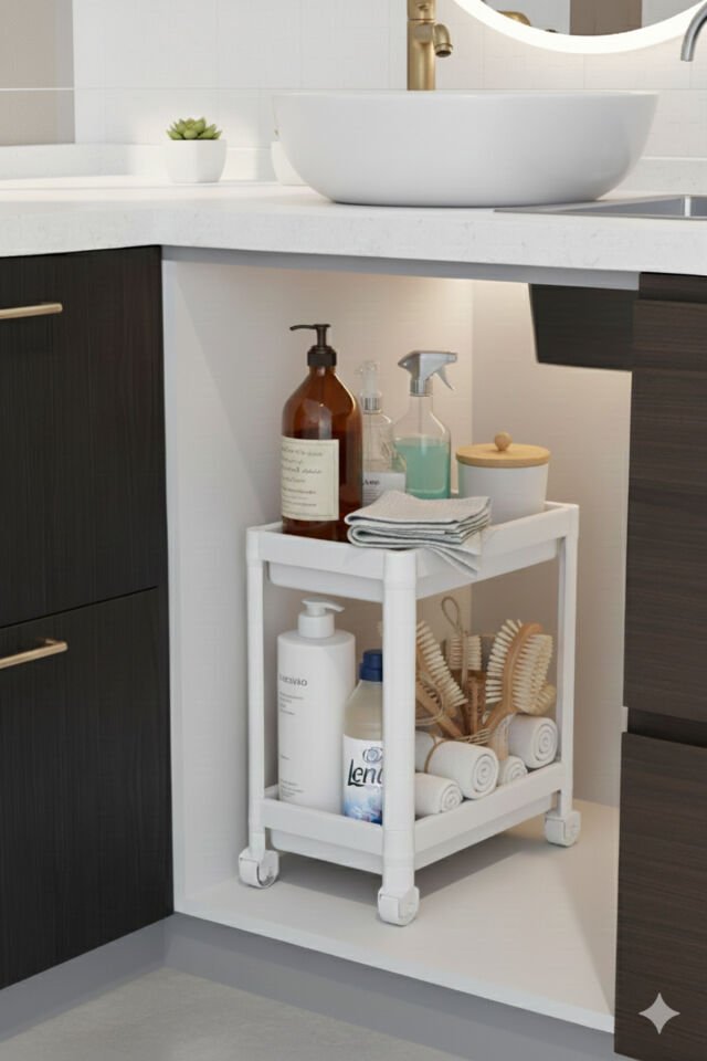 2 Katlı Tekerlekli Düzenleyici Raf Beyaz, Banyo Dolabı, Mutfak Tezgah ve Evye Altı, Deterjanlık