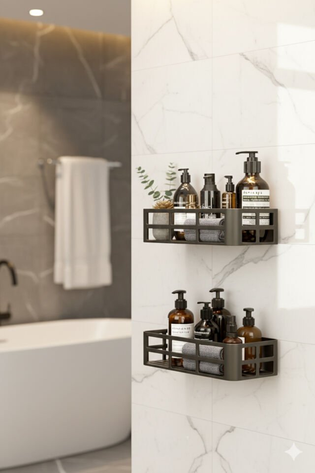 2Lİ Set Banyo Duş Rafı Şampuanlık Sabunluk Siyah YAPIŞKANLI Duş Organizer Suya Dayanıklı Plastik