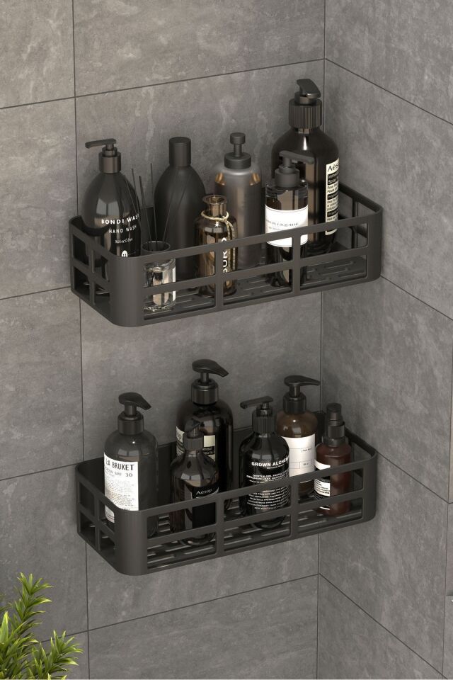 2Lİ Set Banyo Duş Rafı Şampuanlık Sabunluk Siyah YAPIŞKANLI Duş Organizer Suya Dayanıklı Plastik