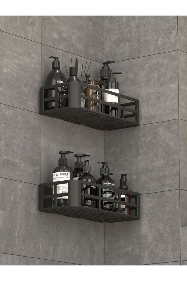 2Lİ Set Banyo Duş Rafı Şampuanlık Sabunluk Siyah YAPIŞKANLI Duş Organizer Suya Dayanıklı Plastik