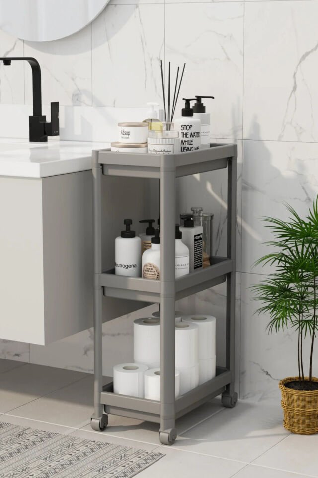 3 Katlı Banyo Raf Ünitesi (PEGGY) Beyaz Banyo Düzenleyici Şampuanlık Havluluk Dolap ( Gri )