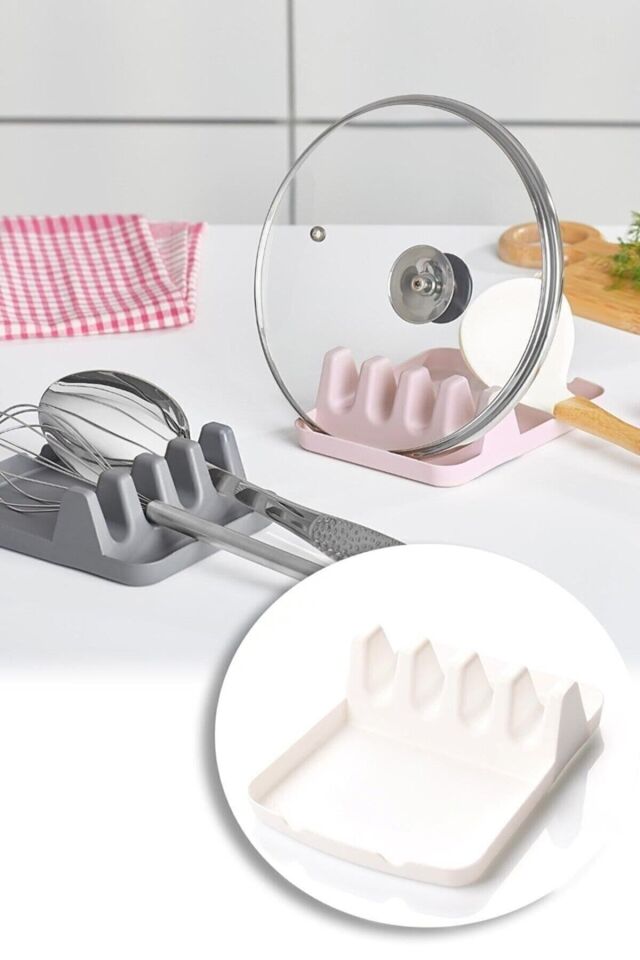 Tencere Kapak Tutucu Ve Kaşıklık - Tencere Kapağı Standı Kirli Kaşıklık Kepçe Altlığı Beyaz