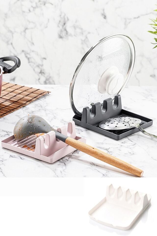 Tencere Kapak Tutucu Ve Kaşıklık - Tencere Kapağı Standı Kirli Kaşıklık Kepçe Altlığı Beyaz