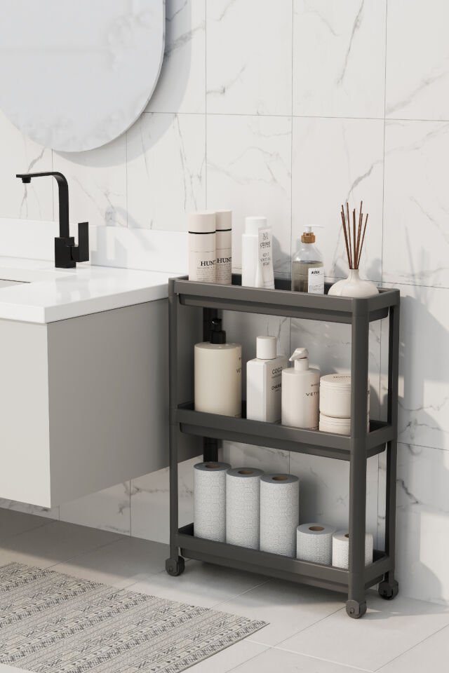 Vesken Çok Amaçlı Siyah 3 Katlı Tekerlekli Dikdörtgen Plastik Banyo Raf Ünitesi