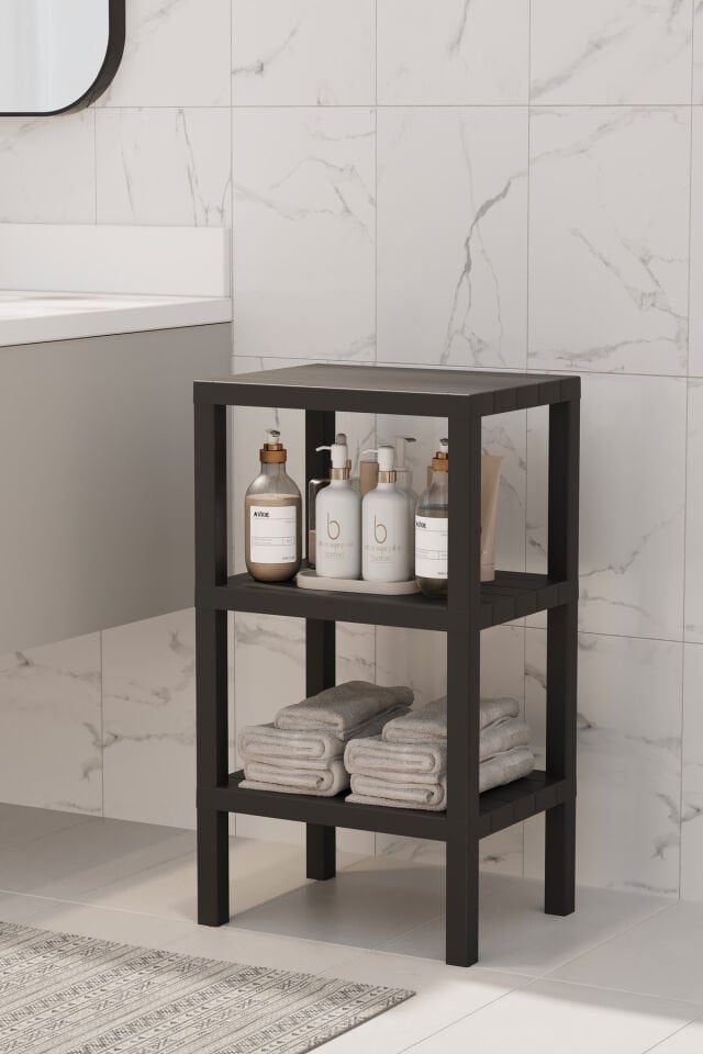 Ombeg Dekoratif ( Düz ) 3 Katlı Plastik Çok Amaçlı Banyo Düzenleyici Saksılık Kitaplık SİYAH