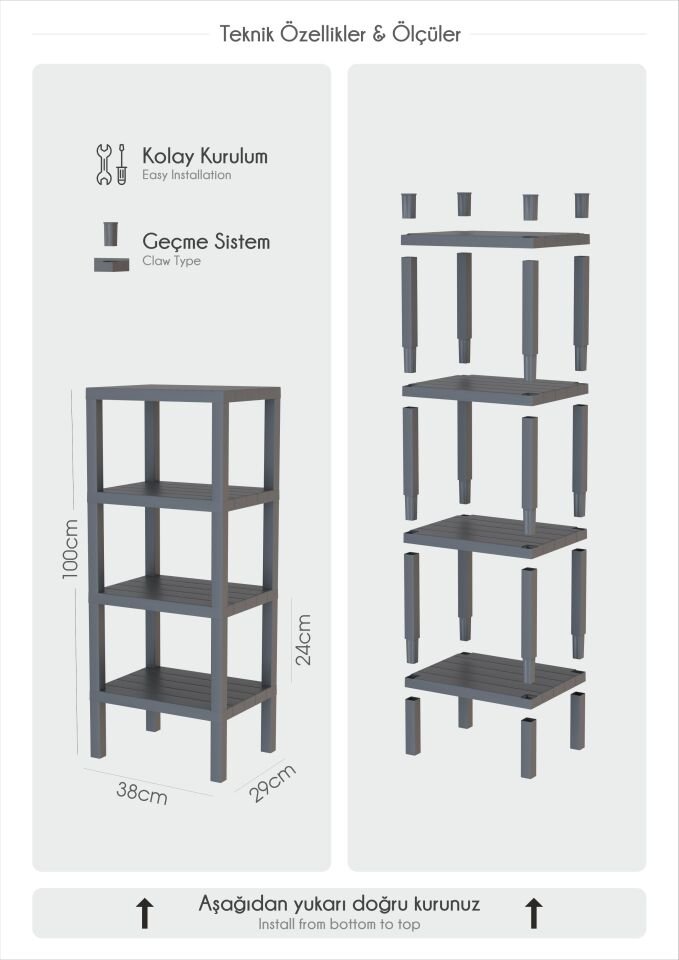 Ombeg Dekoratif 4 Katlı ( Düz ) Çok Amaçlı Banyo Düzenleyici Saksılık Kitaplık Siyah