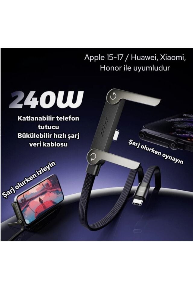 1 Adet 240W Ultra Hızlı Type-C Şarj Data Kablosu Katlanabilir Standlı Ergonomik Tasarım 1.5M Örgülü 1 Adet 240W Şarj Kablosu