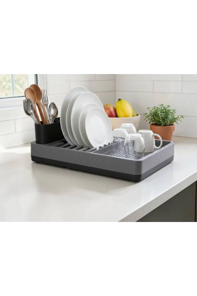 Bulaşık Kurutma Sepeti ve Düzenleyici, Su Tahliyeli Bölme, Modern Ve Pratik Kirli Beyaz