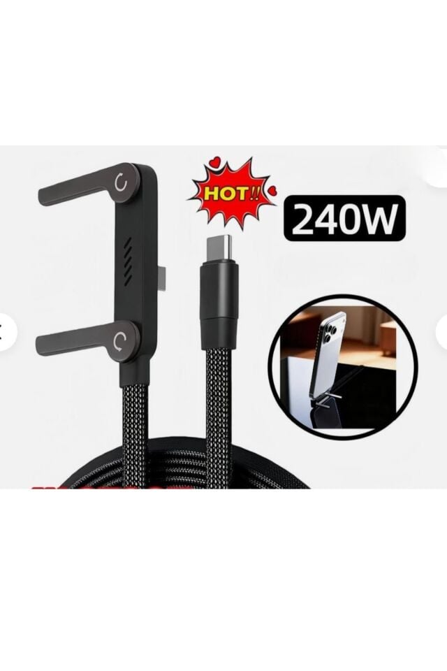 1 Adet 240W Ultra Hızlı Type-C Şarj Data Kablosu Katlanabilir Standlı Ergonomik Tasarım 1.5M Örgülü