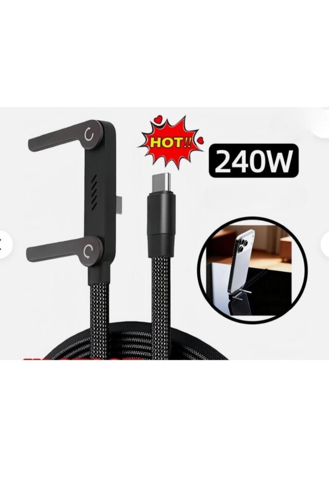 1 Adet 240W Ultra Hızlı Type-C Şarj Data Kablosu Katlanabilir Standlı Ergonomik Tasarım 1.5M Örgülü