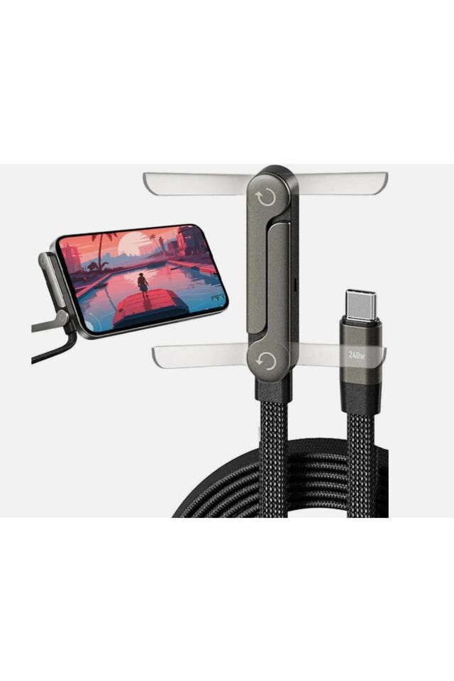 1 Adet 240W Ultra Hızlı Type-C Şarj Data Kablosu Katlanabilir Standlı Ergonomik Tasarım 1.5M Örgülü