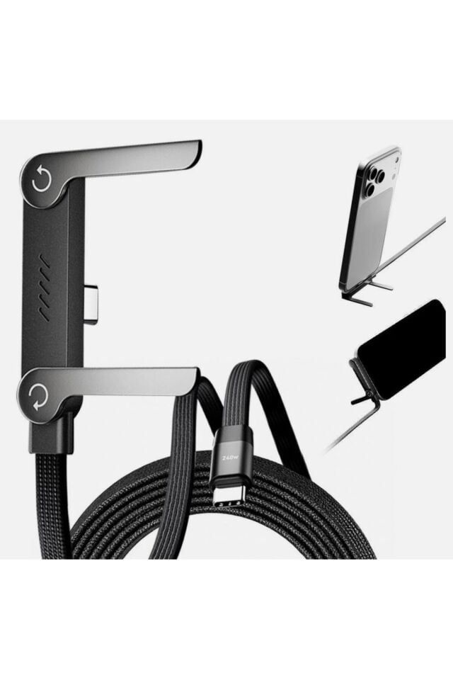 1 Adet 240W Ultra Hızlı Type-C Şarj Data Kablosu Katlanabilir Standlı Ergonomik Tasarım 1.5M Örgülü