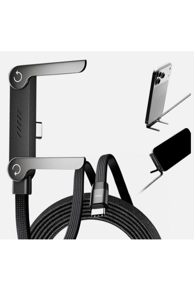 1 Adet 240W Ultra Hızlı Type-C Şarj Data Kablosu Katlanabilir Standlı Ergonomik Tasarım 1.5M Örgülü