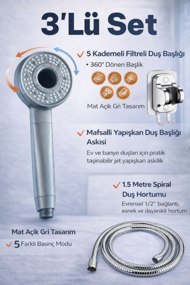 Çevirmeli 5 Fonksiyonlu Filtreli Duş Başlığı- 2'li -, 3'lü ve 4'lü Set 3'Lü Krom Set