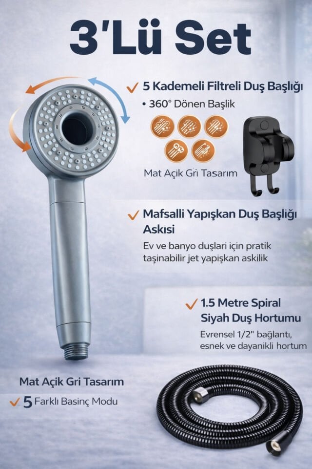 Çevirmeli 5 Fonksiyonlu Filtreli Duş Başlığı- 2'li -, 3'lü ve 4'lü Set 3'Lü Siyah Set