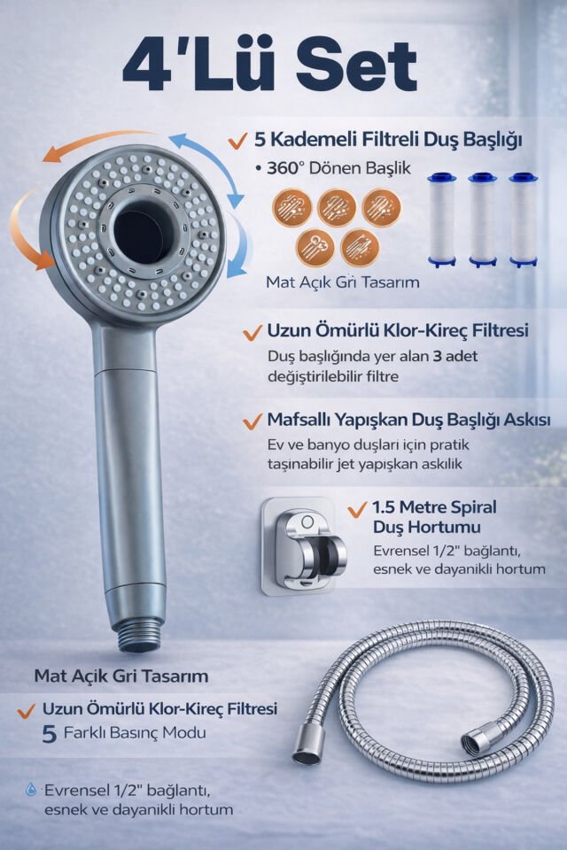 Çevirmeli 5 Fonksiyonlu Filtreli Duş Başlığı- 2'li -, 3'lü ve 4'lü Set 4'Lü Krom Set