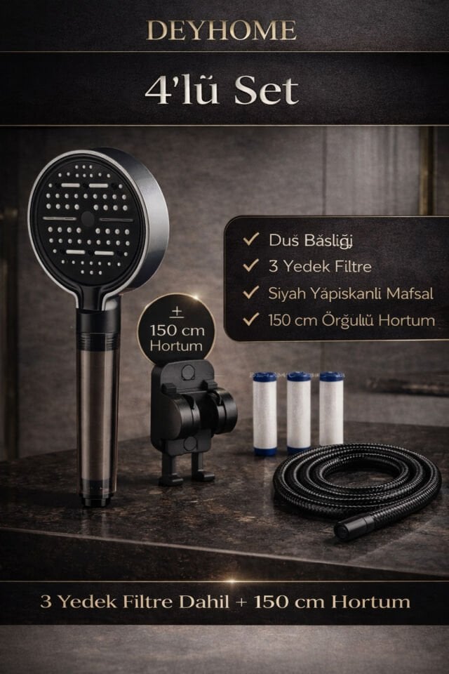 4'lü Set Masajlı Filtreli Duş Başlığı +Yapışkanlı Mafsal Askı+ Örgülü Hortum+3 Adet Yedek Filtre Gri Gri-Siyah