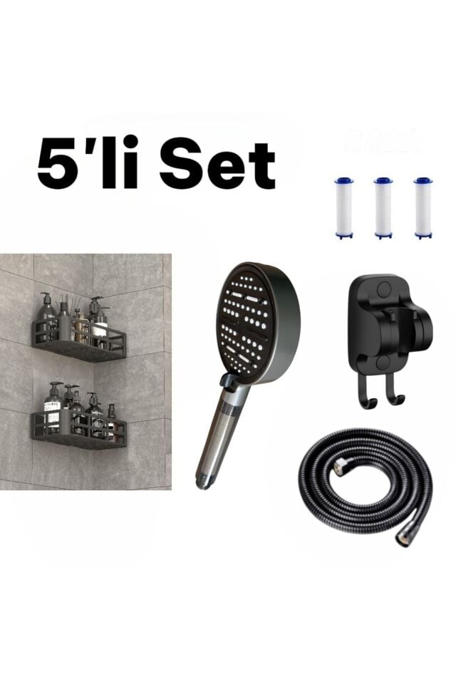 5'li Set 2’li Yapışkanlı Duvar Organizer+Duş Başlığı+Örgülü Hortum+Askı+Yedek Filtre Seçenek 6