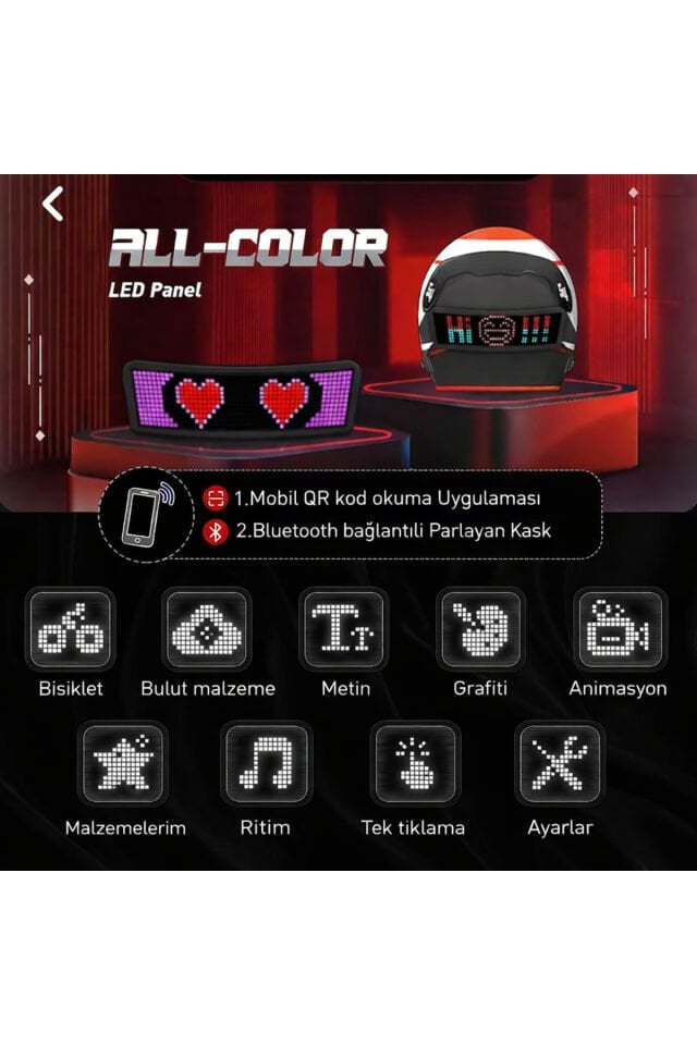 Motosiklet /Bisiklet /Kayak Kask Arkası Bluetooth Uygulamalı LED Panel Ekran Programlanabilir