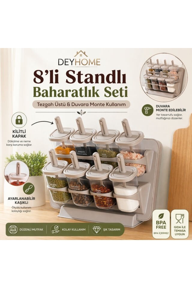 8’li Standlı Baharatlık Seti Duvara Monte & Tezgah Üstü Kilitli Kapaklı Kaşıklı BPA Free