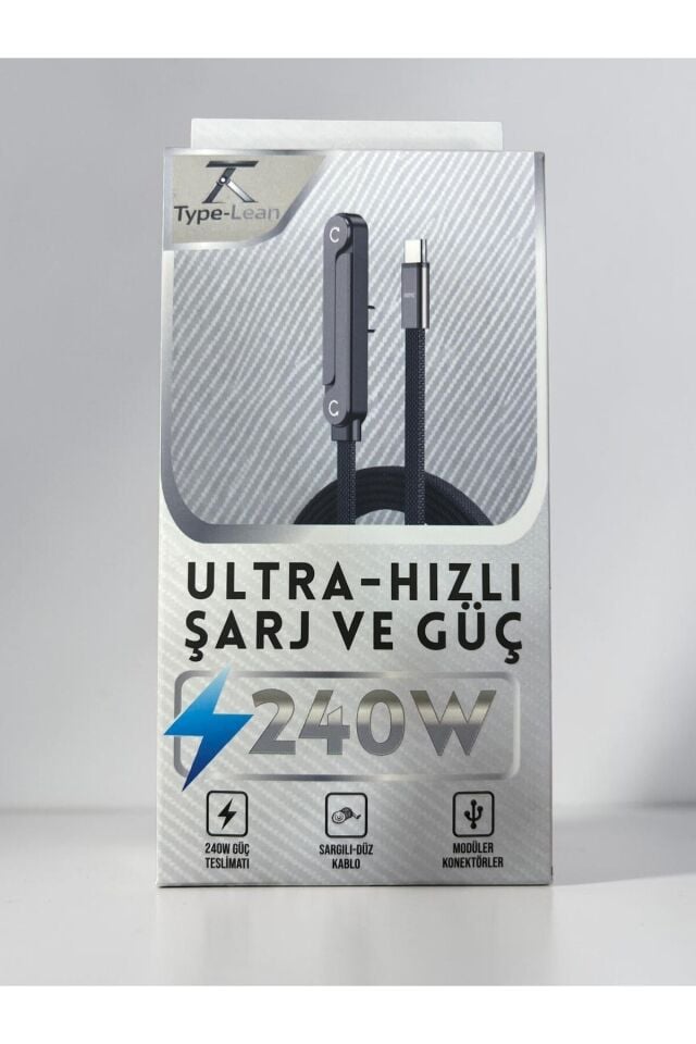 240W 2’si 1 Arada Type-C Hızlı Şarj Kablosu – Type-C & Lightning Uyumlu PD Hızlı Şarj Data Kablosu 2'Si 1 Arada (Kablo Ve Stant)