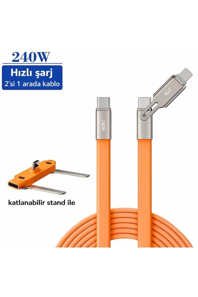 240W 2’si 1 Arada Type-C Hızlı Şarj Kablosu – Type-C & Lightning Uyumlu PD Hızlı Şarj Data Kablosu 2'Si 1 Arada (Kablo Ve Stant)